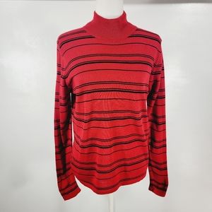 Vintage Karen Scott Black and Red Striped Turtleneck Sweater, Medium